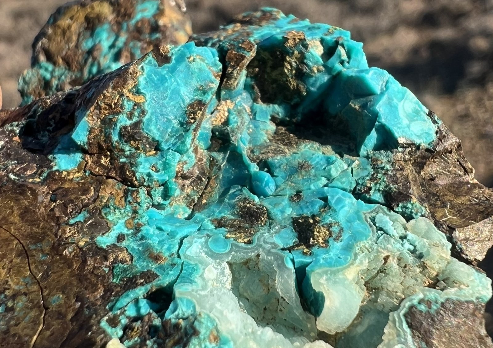 Vivid turquoise copper mineralisation in outcrop