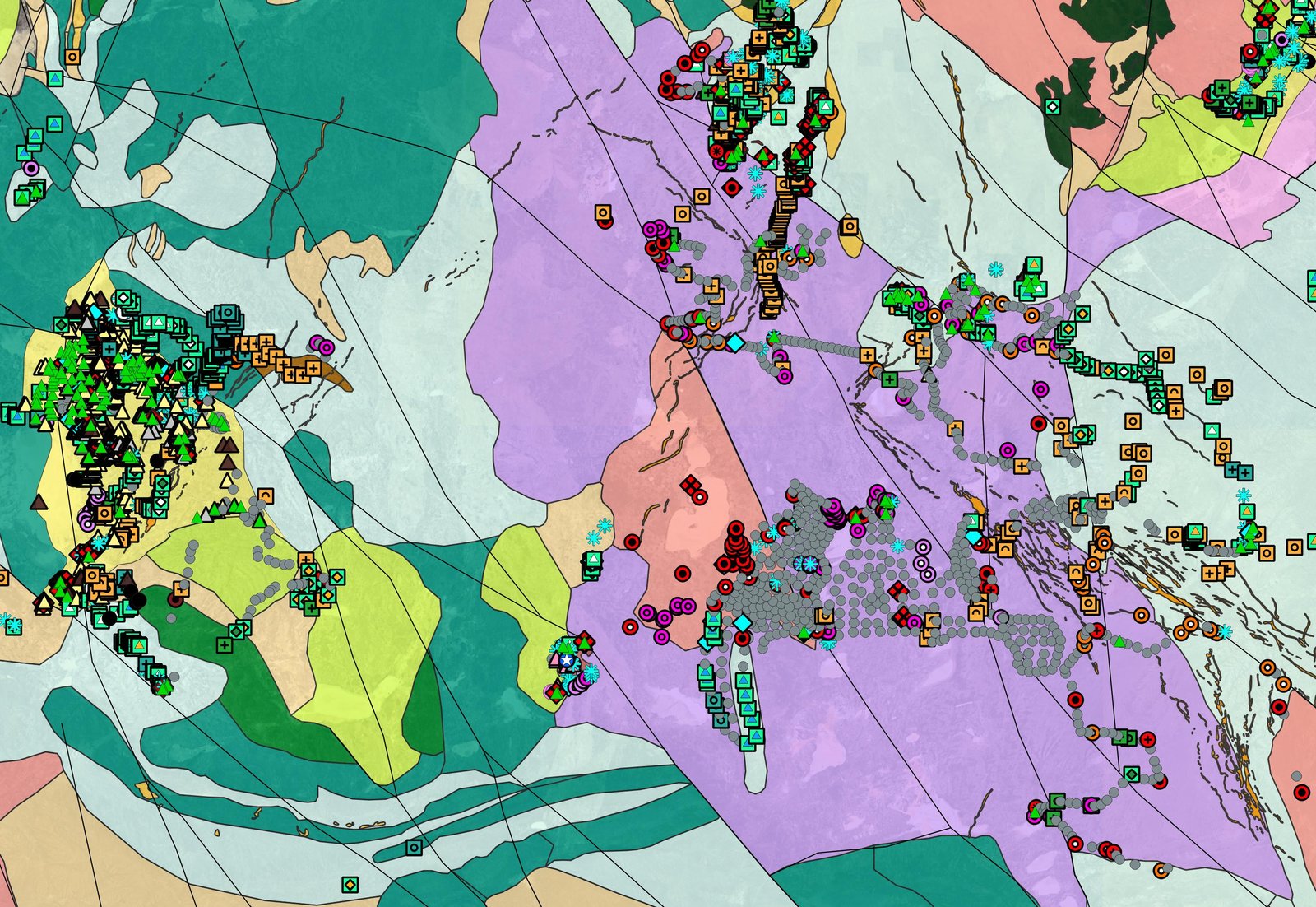 Regional geological compilation map with sample and geophysics overlays