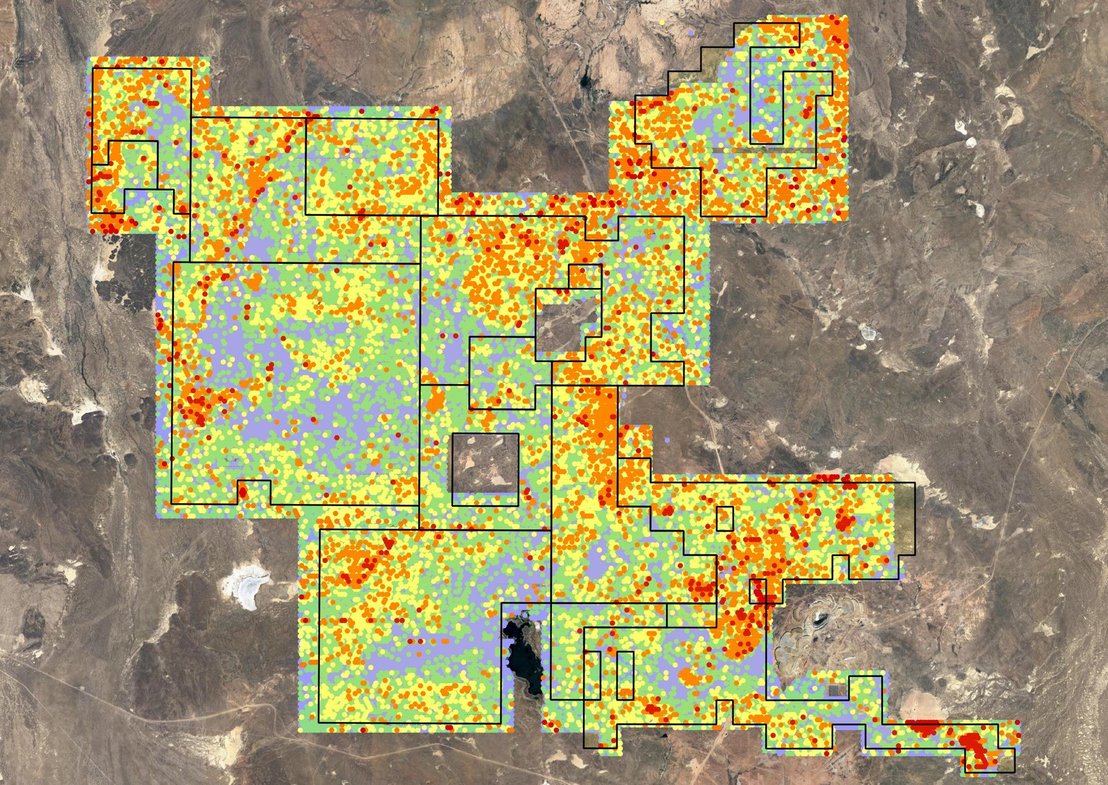 Satellite image of the Lakeside tenement with dense surface geochemistry sampling