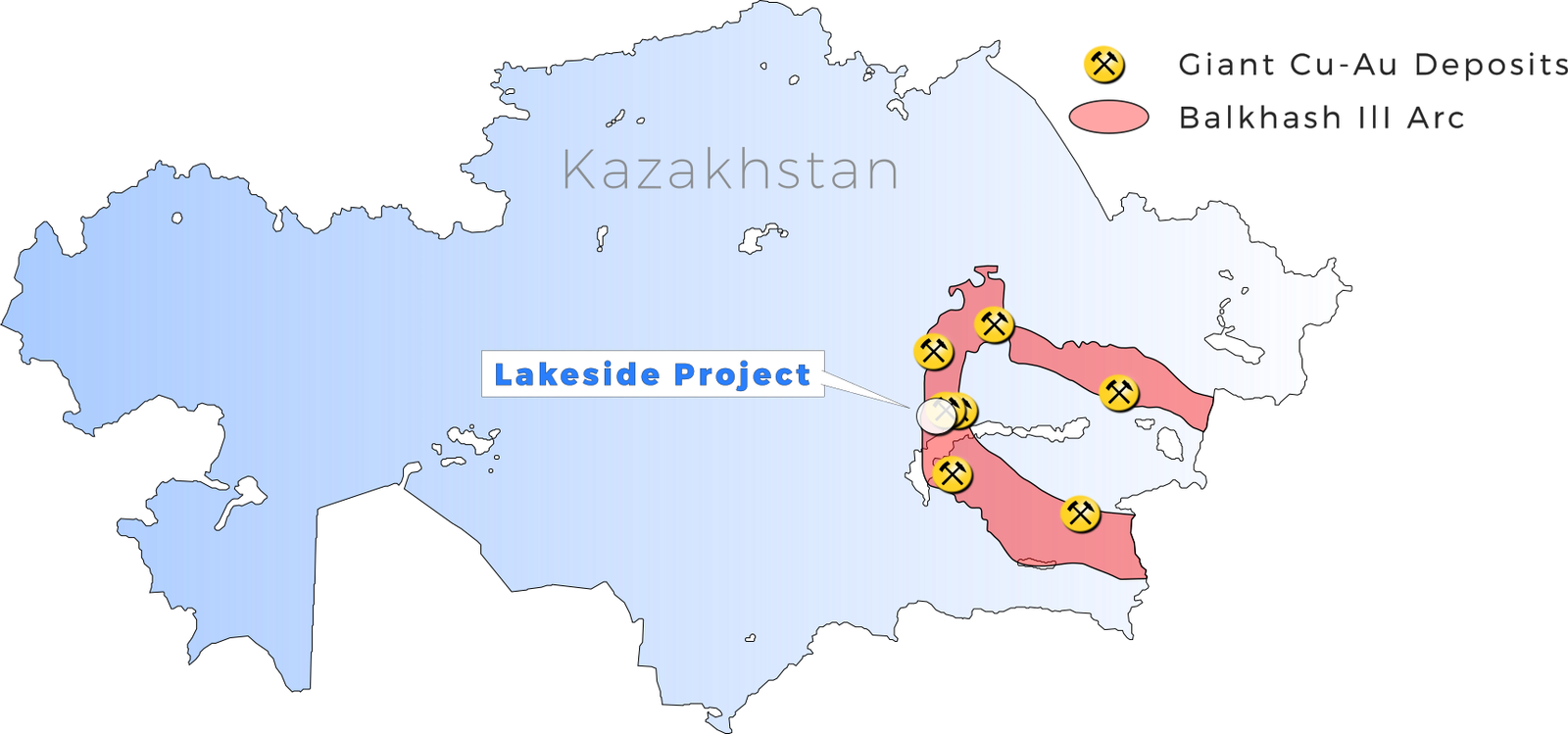 Map of Kazakhstan showing the Lakeside Project, Giant Cu-Au Deposits and the Balkhash III Arc