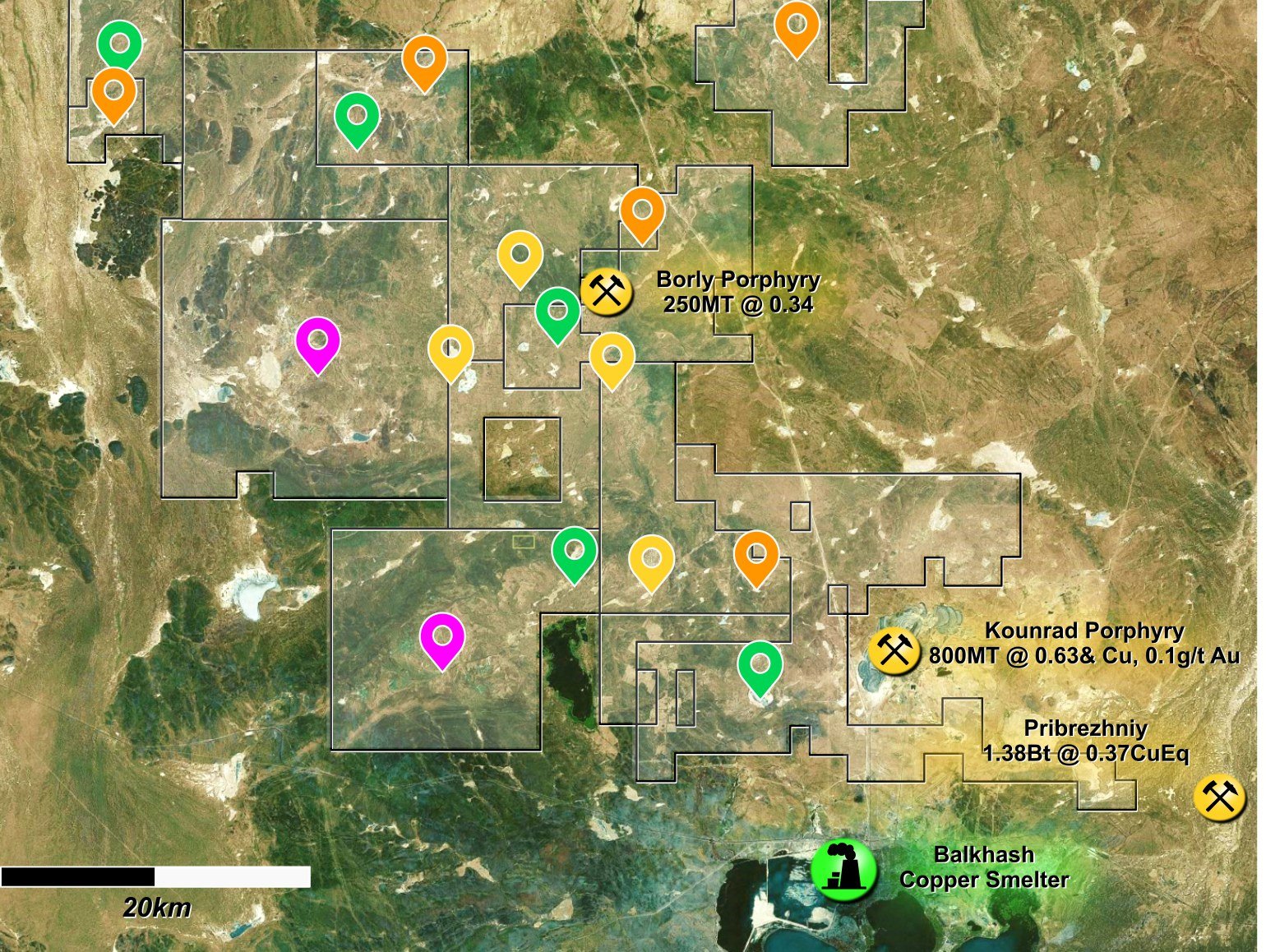 Satellite map of the Lakeside Project: Borly Porphyry (250Mt @ 0.34% Cu), Kounrad Porphyry (800Mt @ 0.63% Cu, 0.1g/t Au), Pribrezhniy (1.38Bt @ 0.37 CuEq) and the Balkhash Copper Smelter